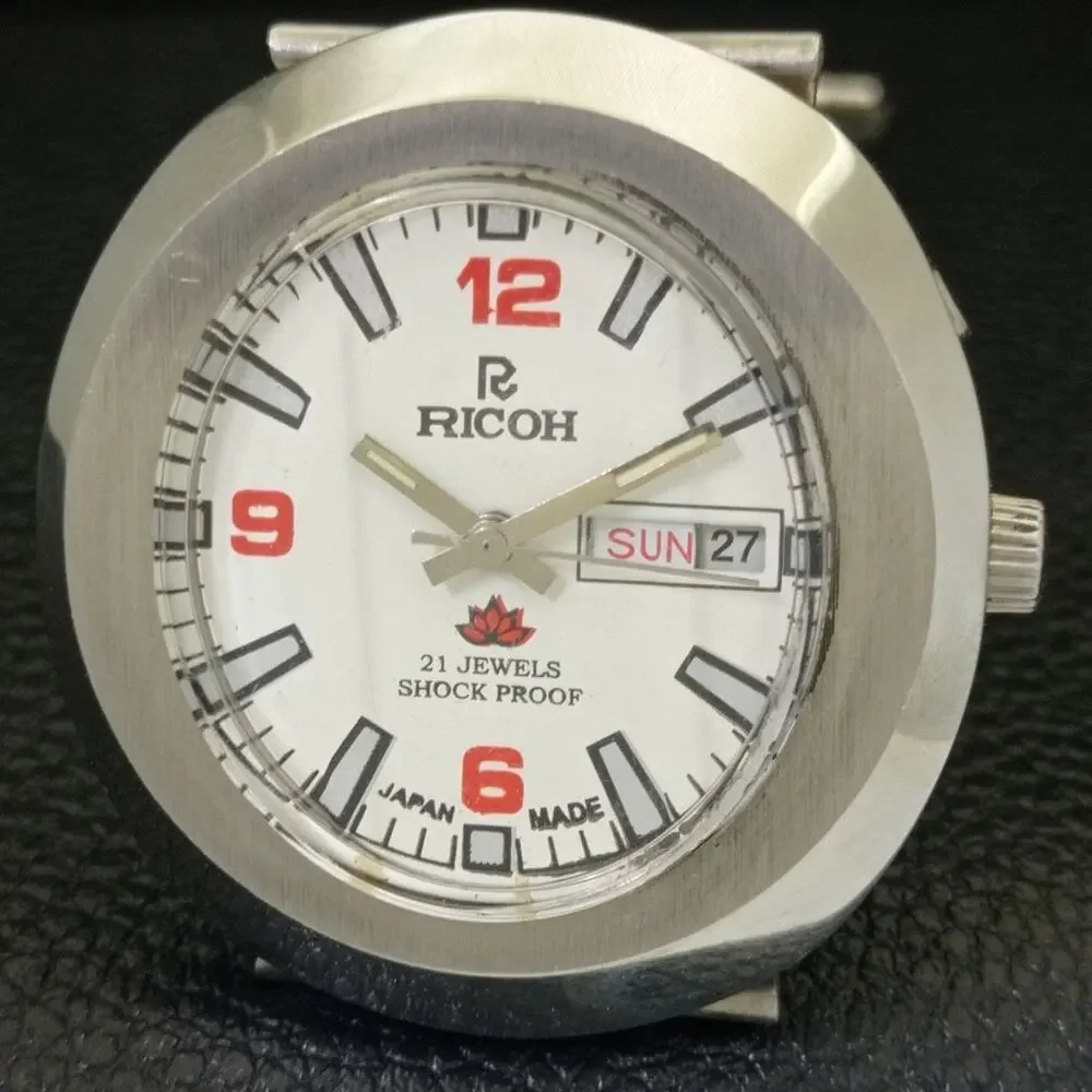 Vintage 1980 Ricoh Automatic Mens Silver Watch W/daydate & Red accents
